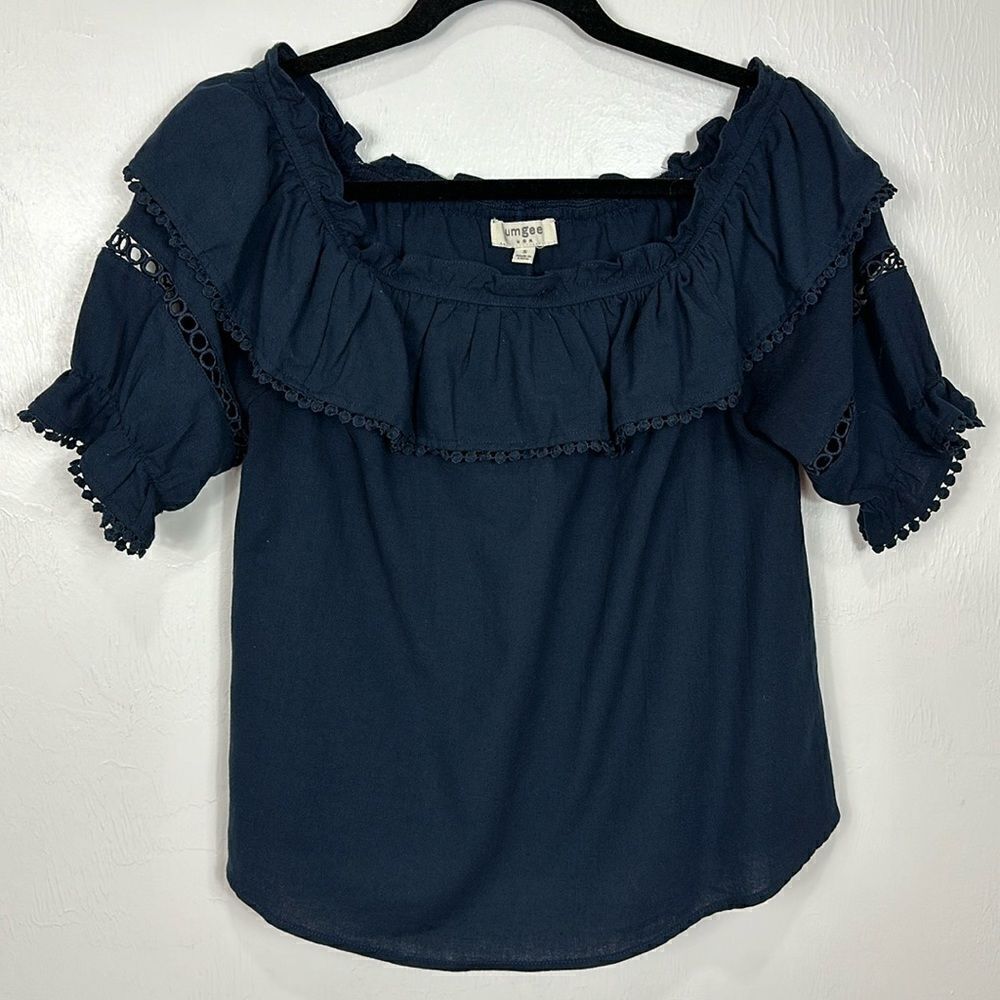 Umgee Navy Blue Cotton Off The Shoulder Ruffled Top Blouse Size S